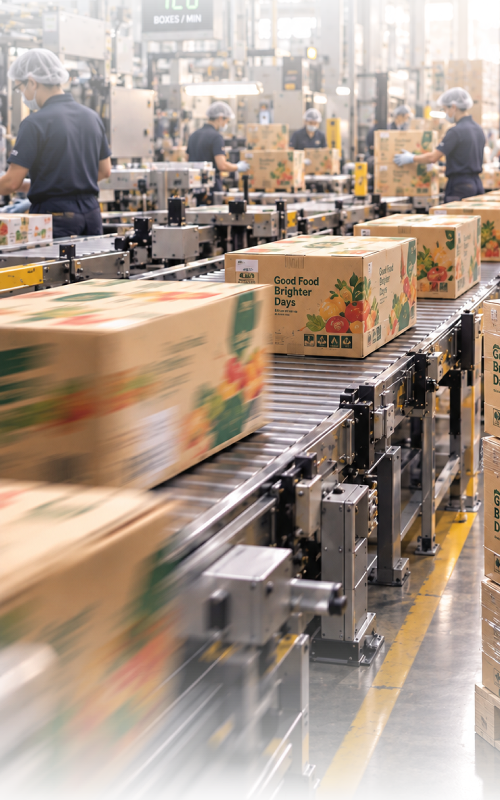 Printed corrugated boxes moving along a conveyor on a packing line, representing orders that need fast delivery