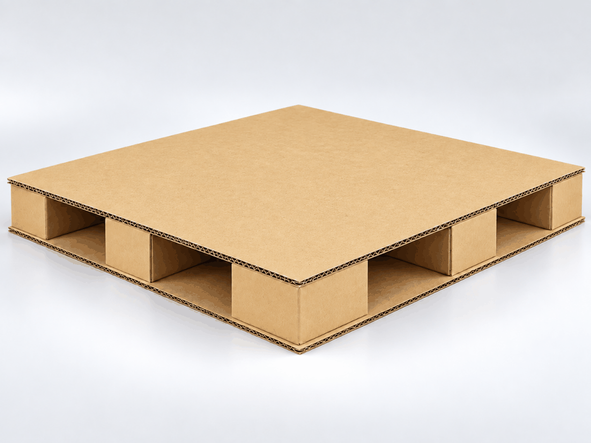 An Auto Boxes corrugated paper pallet carrying stacked goods